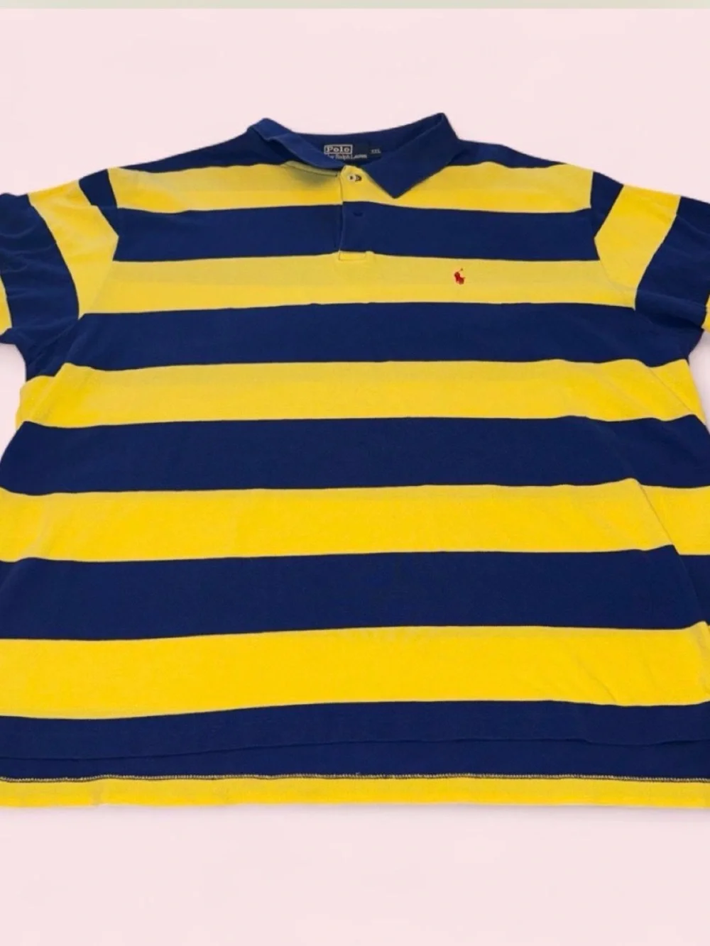 vintage Polo Ralph Lauren yellow and navy blue striped short-sleeve polo shirt